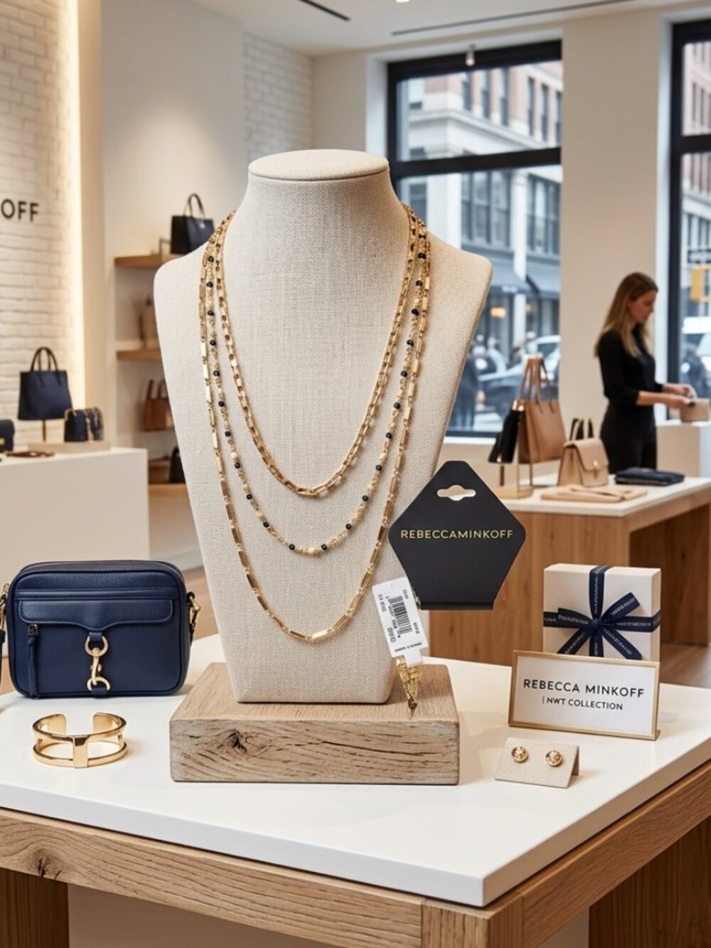 Rebecca Minkoff Layered Mixed Chain Necklace Gold Tone Navy Beads